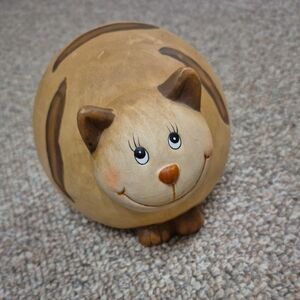 Adorable Clay Tan Brown Fat Cat Figurine Piggy Bank